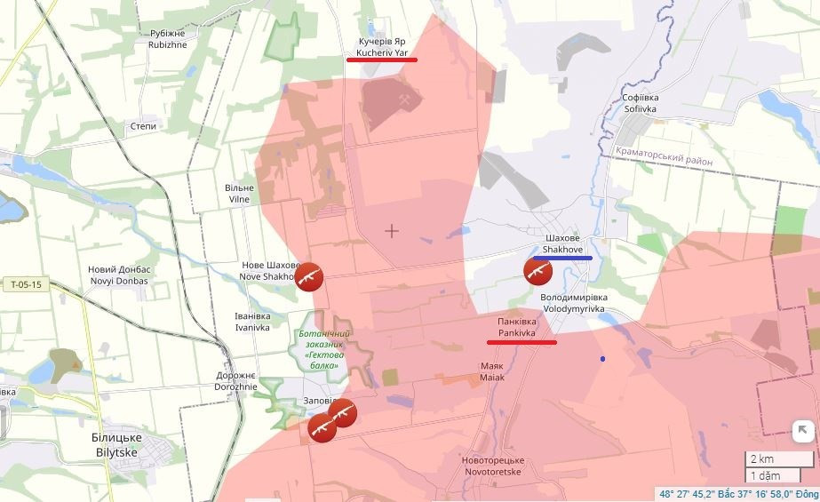 Dựa trên các đầu cầu ở khu vực Kucheriv Yar và Pankivka, RFAF tiếp tục tiến về phía đông, chiếm các vị trí mới dọc theo mặt trận rộng lớn, như các tuyến đường đất, đồn điền, mỏ đá và rừng, các điểm cao chiến thuật, và tiến đến các làng Shakhove và Torets'ke.