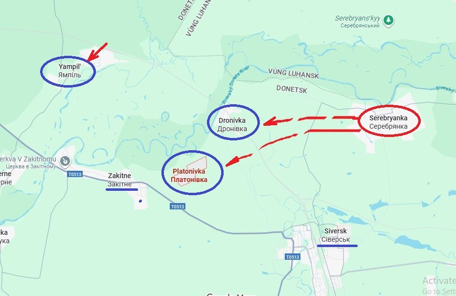 Hiện tại, RFAF đã bắt đầu cắt đứt tuyến tiếp tế của quân Ukraine tới nhóm Seversk. Trong khi Tập đoàn quân 25 của Cụm quân phía Tây tấn công tuyến liên lạc giữa Seversk và Lyman qua Yampol, Tập đoàn quân 3 Cụm quân phía Tây đang tiến về phía tây, từ Serebryanka tới Dronivka và Platonivka.