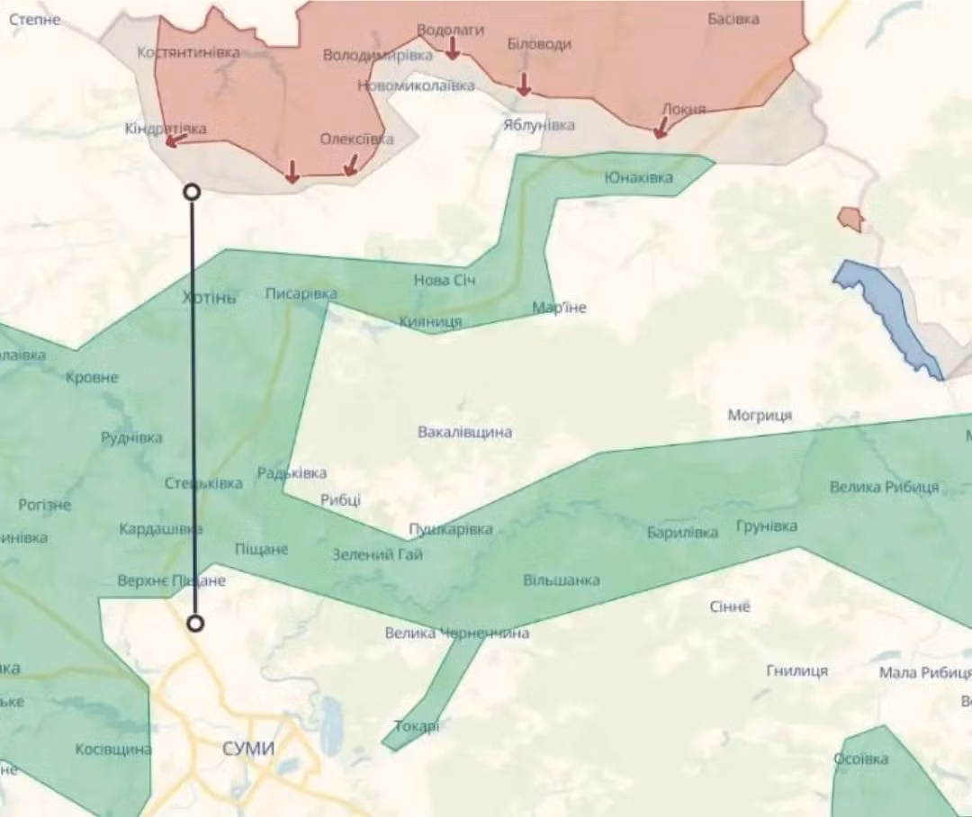 Deep State cho biết, quân Nga đang nhằm tới khu dân cư Khotin và nỗ lực giành chỗ đứng tại Malaya Korchakivka. Hai địa điểm này cách thành phố Sumy khoảng 20 km. Nếu quân Nga kiểm soát được các khu vực trên, họ có thể triển khai UAV FPV từ đây, tập kích nhiều mục tiêu trong thành phố Sumy.