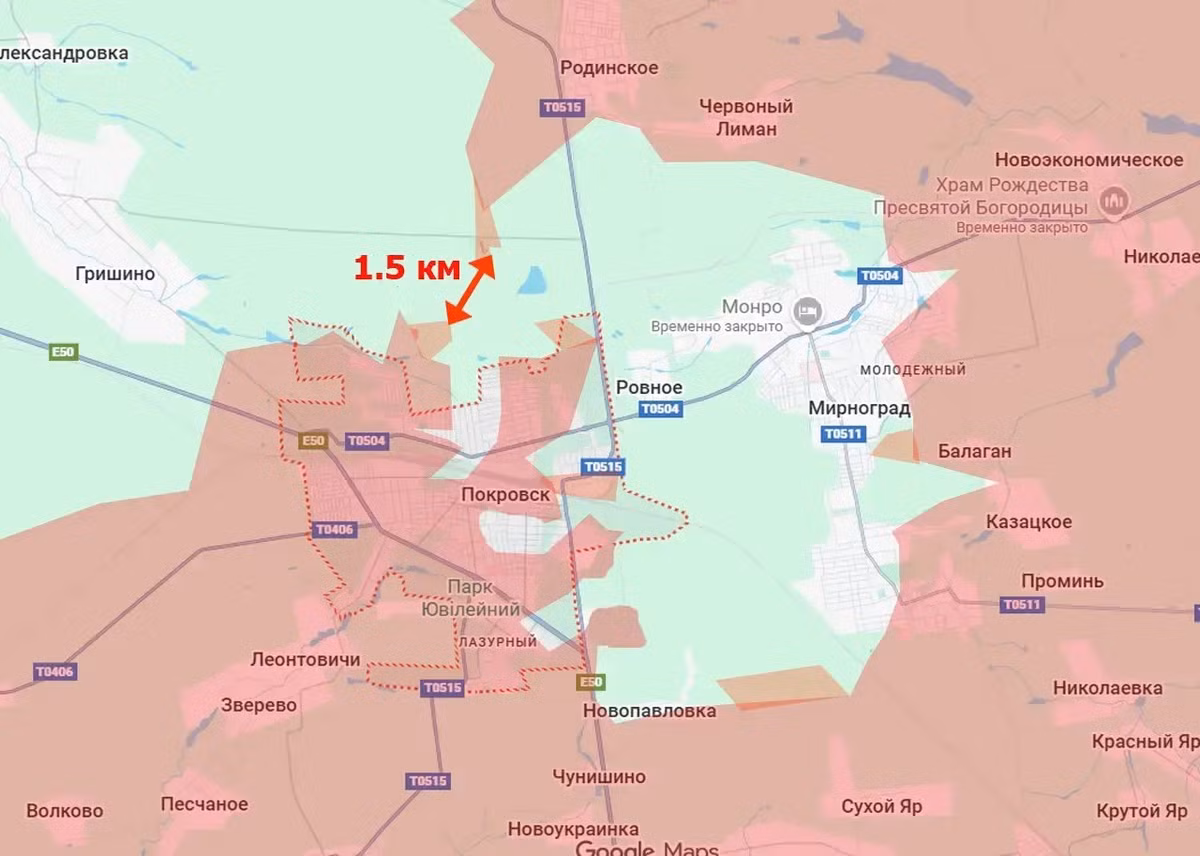 Pokrovsk hiện đang trong tình trạng bị tấn công từ 4 phía, hiện chỉ có một “miệng túi” rộng khoảng 1,5 km ở phía bắc. Quân Ukraine tiếp tục mở các cuộc phản công ở phía nam, nhưng phải đối mặt với các cuộc tấn công dữ dội liên tục từ quân Nga ở phía bắc. Tình hình rất khó khăn và dự kiến ​​sẽ kéo dài đến giữa tháng 11, sau “ranh giới đỏ” của Điện Kremlin.
