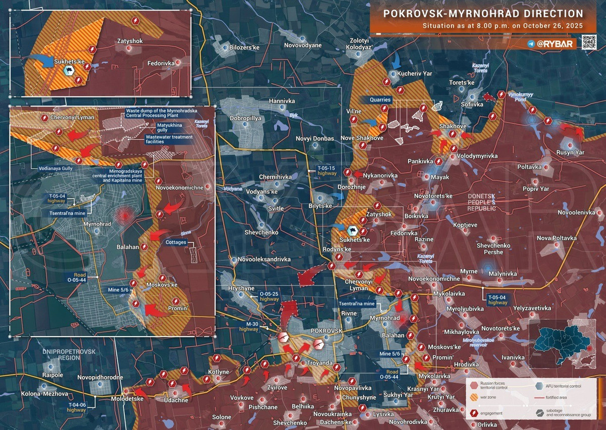 Còn kênh Rybar cho biết, quân Ukraine đang cố gắng bám giữ tiểu khu Gornyak, cũng như phần đông bắc của Pokrovsk. Hiện tại, quân Nga đang tấn công mạnh quân Ukraine ở khu vực phố Pushkin, cũng như ở phía bắc thành phố. Đồng thời, vùng kiểm soát ở khu vực phố Shosseynaya nói trên đang được mở rộng, vượt ra ngoài Pokrovsk ở sườn phía đông.