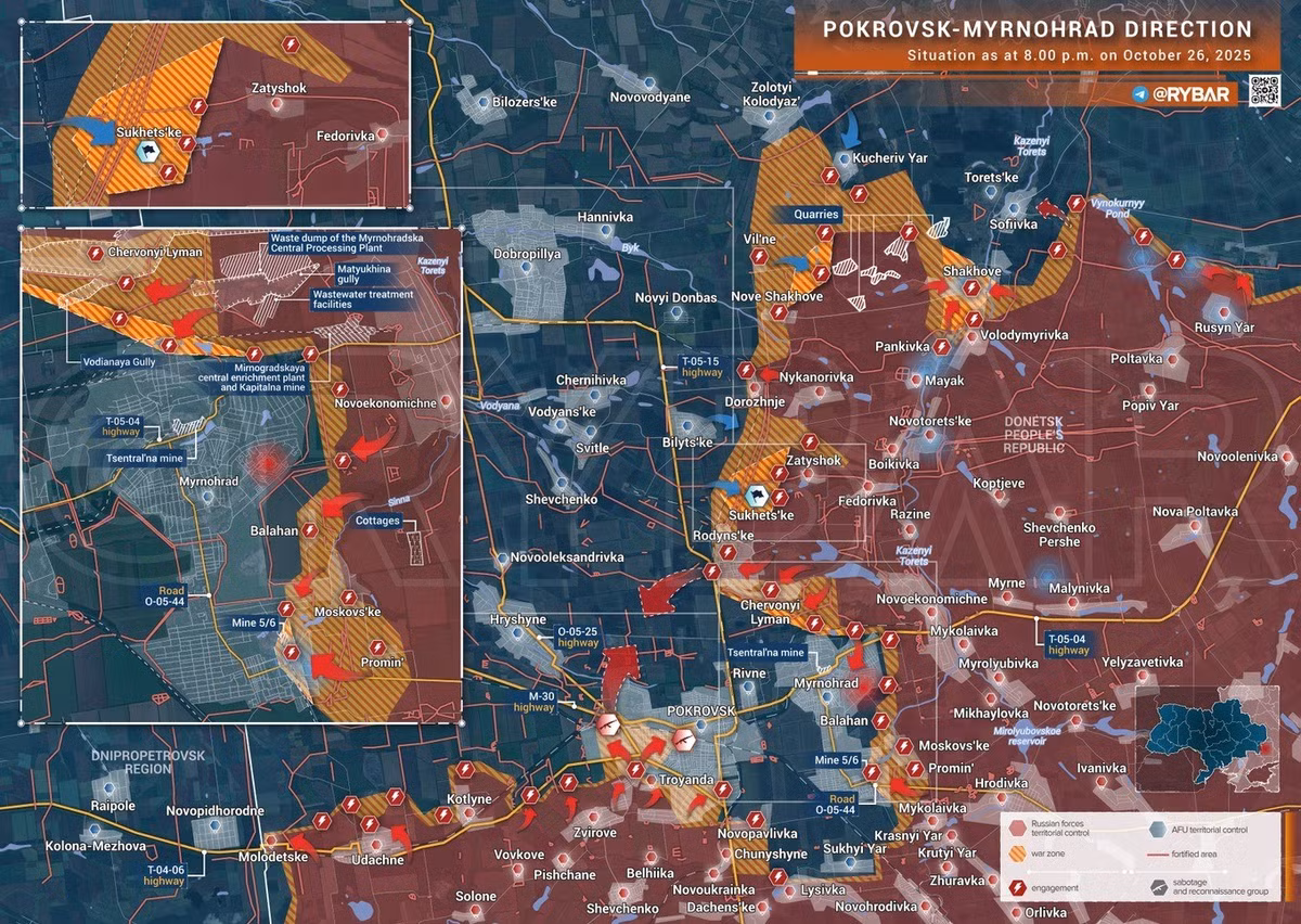 Còn kênh Rybar cho biết, quân Ukraine đang cố gắng bám giữ tiểu khu Gornyak, cũng như phần đông bắc của Pokrovsk. Hiện tại, quân Nga đang tấn công mạnh quân Ukraine ở khu vực phố Pushkin, cũng như ở phía bắc thành phố. Đồng thời, vùng kiểm soát ở khu vực phố Shosseynaya nói trên đang được mở rộng, vượt ra ngoài Pokrovsk ở sườn phía đông.