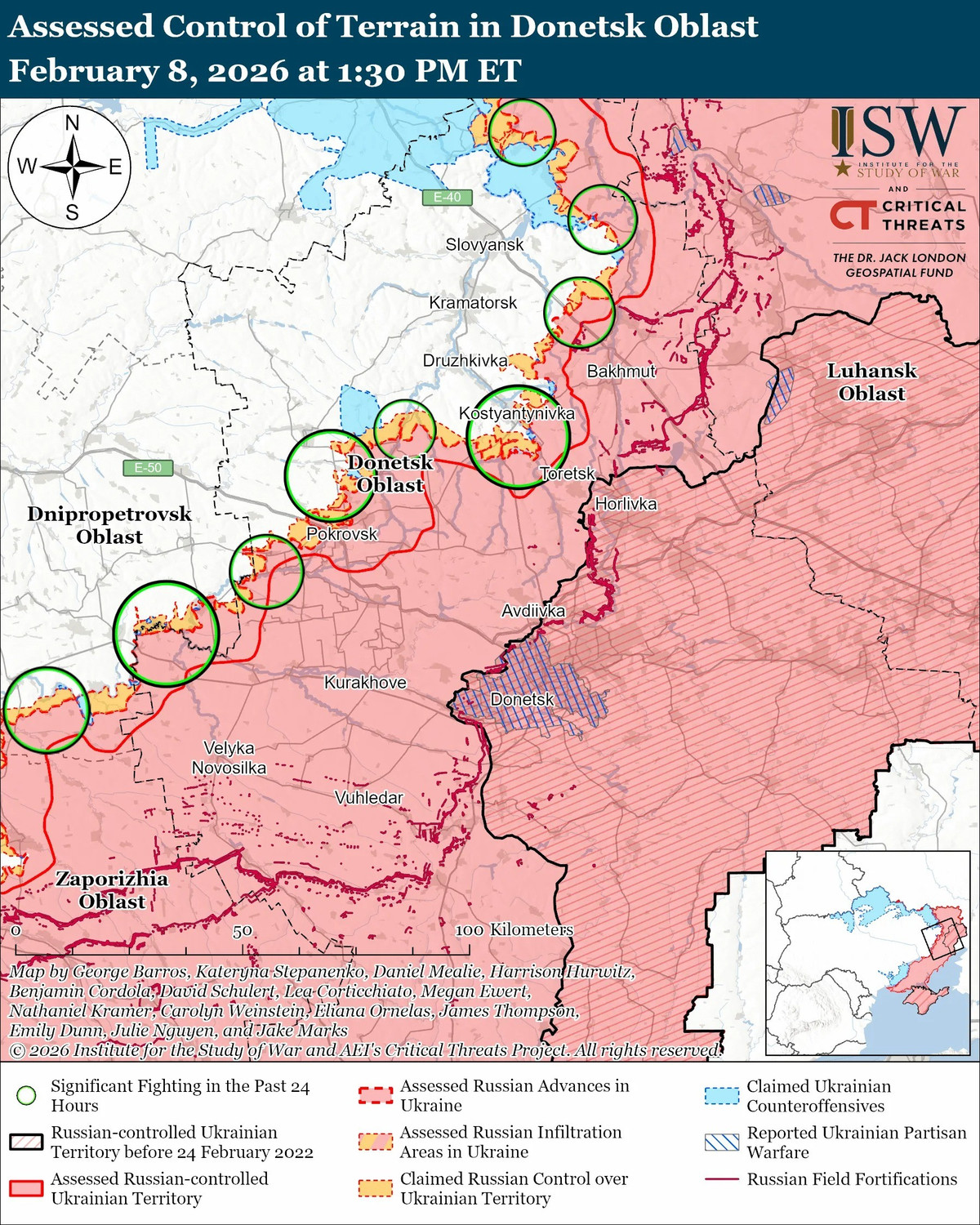 Trên hướng mặt trận Donetsk, sau khi giành quyền kiểm soát Seversk, các đơn vị thuộc Cụm quân phía Nam RFAF, đã bị cầm chân trong trận đánh giành các điểm cao gần Reznikovka. Theo truyền thông Ukraine, tại Svyato-Pokrovsk, nơi RFAF mặc dù đã rút lui, "vẫn còn những ổ kháng cự đáng kể đối với quân Ukraine".