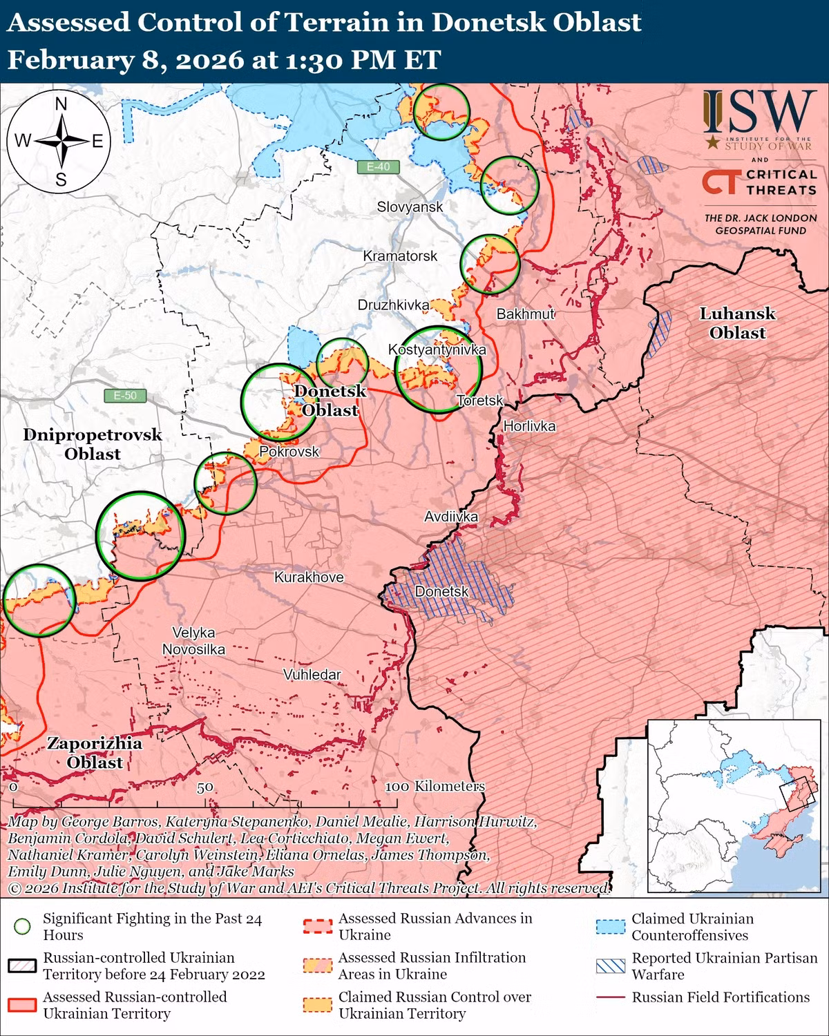 Trên hướng mặt trận Donetsk, sau khi giành quyền kiểm soát Seversk, các đơn vị thuộc Cụm quân phía Nam RFAF, đã bị cầm chân trong trận đánh giành các điểm cao gần Reznikovka. Theo truyền thông Ukraine, tại Svyato-Pokrovsk, nơi RFAF mặc dù đã rút lui, "vẫn còn những ổ kháng cự đáng kể đối với quân Ukraine".