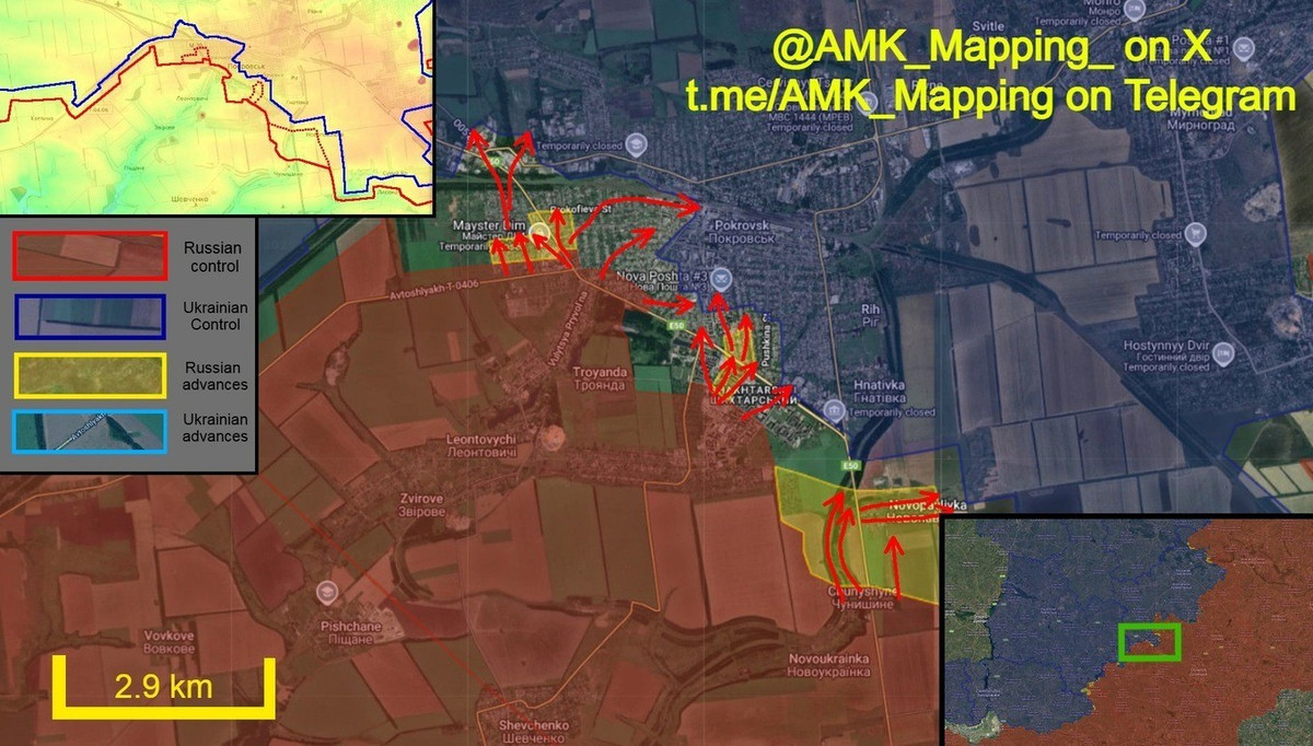 Ở phía nam thành phố, chỗ giáp ranh giữa hai khu đô thị Pokrovsk và Myrnohrad, RFAF tiếp tục củng cố đầu cầu tại Kozatske, kiểm soát được phần trung tâm của ngôi làng, tiến vào các ngôi nhà phía nam. Điều này đã giúp bảo vệ một phần sườn phía nam của các đội hình đã tiến vào những ngôi nhà đầu tiên.