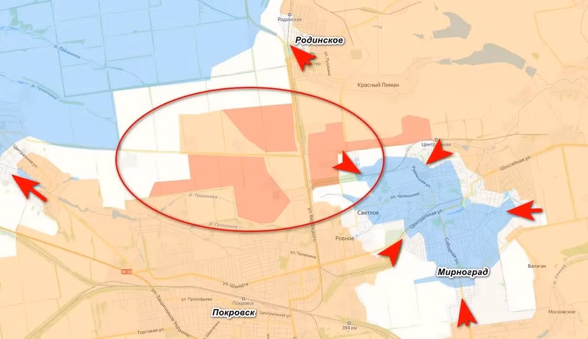 Theo các thông tin mới nhất, quân đội Ukraine (AFU) đã mất đi ngay cả cơ hội nhỏ nhất để thoát khỏi vòng vây ở Myrnohrad, khi RFAF đã đạt được những bước tiến đáng kể ở phía bắc Pokrovsk về phía thị trấn Rodinske, kiểm soát thêm một phần vùng xám; qua đó cắt đứt hoàn toàn mọi tuyến đường thoát khỏi Myrnohrad.