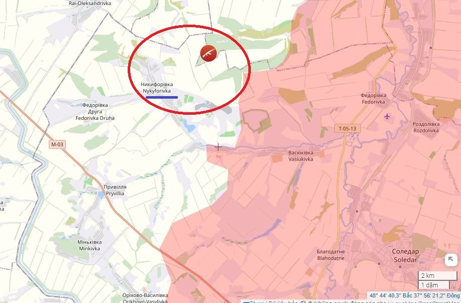 Trong khi đó, ở phía bên trái con đường T0513 từ Bakhmut đến Seversk, cuộc tấn công của RFAF về phía Nykyforivka đã tăng cường. Điều này dường như là một nỗ lực nhằm chọc thủng các tuyến phòng thủ kiên cố mà AFU đã xây dựng trước đó. Do thiếu quân số, hệ thống phòng thủ của AFU đang dần suy yếu.