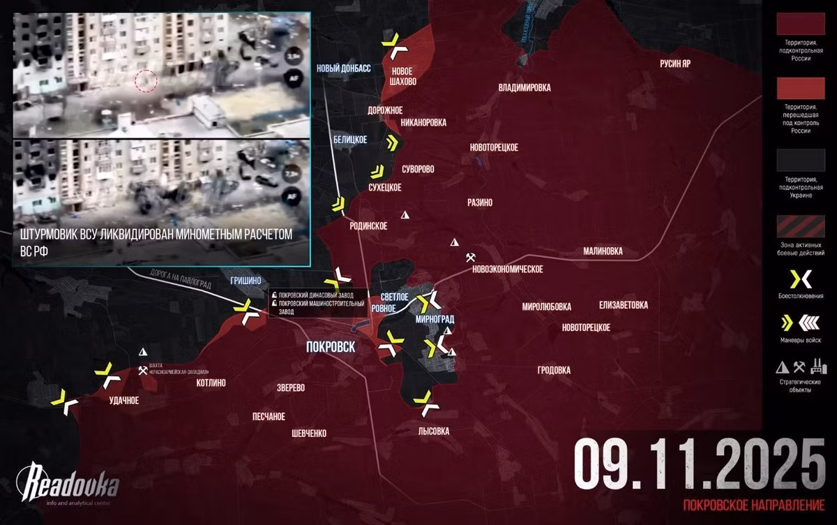 Như vậy sau hơn một năm kiên cường chống cự, dù có công sự vững chắc, chiến thuật hợp lý và chỉ huy tài giỏi, nhưng trước sức ép tiến công liên tục của RFAF, sức kháng cực của quân Ukraine ở Pokrovsk cũng bước vào những giờ phút cuối cùng. Có thể nói, "đốm lửa Pokrovsk" cuối cùng đã lụi tàn. (nguồn ảnh Military Review, Readovka. Kyiv Independent).