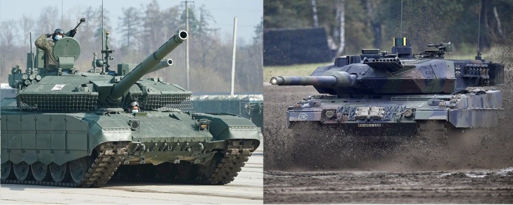 Một số so sánh mà các kỹ sư Nga thực hiện giữa xe tăng Leopard 2A6 và T-90M như sau: Xuyên giáp chính diện: 700mm RHA - 850mm RHA; Tốc độ quay tháp pháo 39°/giây - 41°/giây; Tầm nhìn ban đêm 3.500m – 5.000m; Xác suất sống sót khi bị phục kích trong cùng điều kiện: 12% - 35%. (nguồn ảnh TASS, Sputnik, Ukrinform).