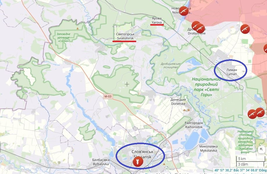 Theo các nhà phân tích quân sự của Ukraine, các đơn vị RFAF hiện đã tiến đến con đường gần Svyatogorsk. Mục tiêu của họ là cô lập lực lượng Ukraine bằng cách cắt đứt nguồn tiếp tế. Theo các thông tin của Ukraine, một lực lượng đáng kể đã được tập trung gần Slovyansk cho mục đích này.