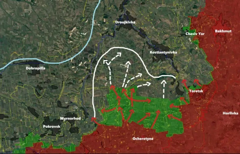 Trang Strana cho rằng, điều này có thể xảy ra ở khu vực thành phố Konstantinovka và Pokrovsk, ở phía tây tỉnh Donetsk, nơi các đơn vị AFU, đã phát hiện ra họ đang bị đưa vào vòng vây, được UAV của Nga kiểm soát chặt chẽ, khi UAV FPV của Nga đã thường xuyên tấn công các xe quân sự của AFU ra vào thành phố.