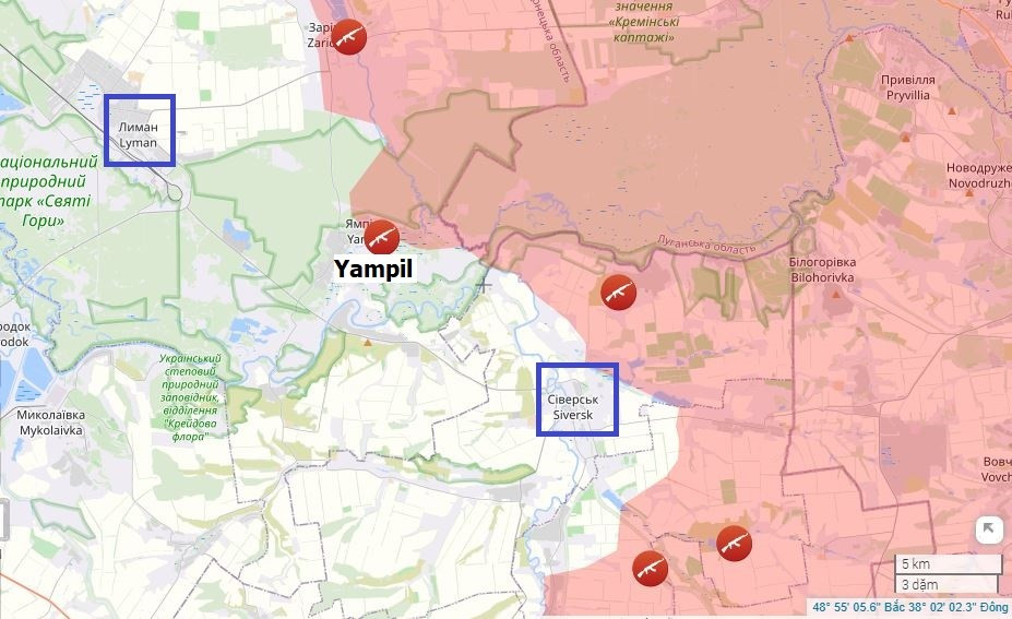 Kênh Military Summary cho biết, RFAF tiếp tục tấn công Yampil. Họ đã củng cố được quyền kiểm soát các vị trí bổ sung ở phía đông làng, bao gồm cả nhà ga xe lửa, và đang tiếp tục các cuộc tấn công vượt ra ngoài trung tâm làng (hiện nằm trong vùng xám). Quân Nga cũng tiến xa hơn về phía tây qua các khu rừng, giành quyền kiểm soát đường ngang đường sắt và các khu vực xung quanh.