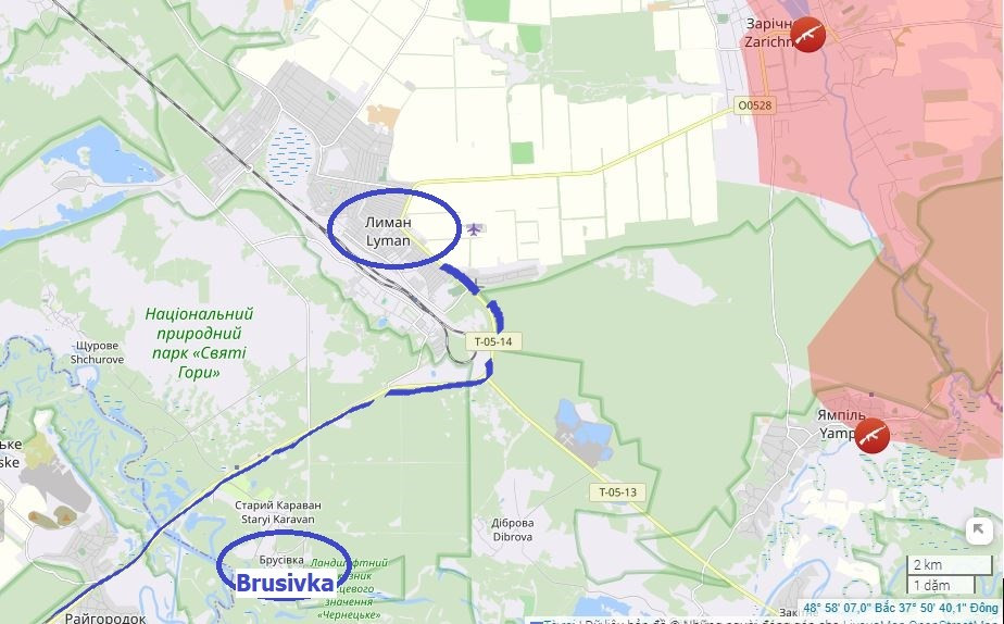Hiện công tác bảo đảm hậu cần chiến dịch cho Lyman vẫn chưa bị phong tỏa hoàn toàn, do cửa khẩu Brusivka và tuyến đường T0514 vẫn hoạt động, nhưng đang bị đe dọa liên tục bởi UAV FPV Nga. AFU hiện không thể làm gì để cải thiện tình hình ở bắc Lyman do thiếu hụt lực lượng. Đối với họ, việc duy trì tuyến đường tiếp tế đến Seversk giờ đây quan trọng hơn.