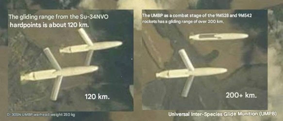 Dữ liệu này cho thấy, UMPB D-30SN có tầm tấn công xa hơn từ 20 đến 30 km so với thế hệ bom lượn trước đó của Nga là FAB UMPK. Mô-đun UMPK khi được kết hợp với bom FAB-500 nặng 500 kg, có thể bay từ 60 đến 65 km, với điều kiện máy bay thả bom di chuyển ở độ cao và tốc độ lớn. (nguồn ảnh Military Review, TASS, Ukrinform, Kyiv Post)