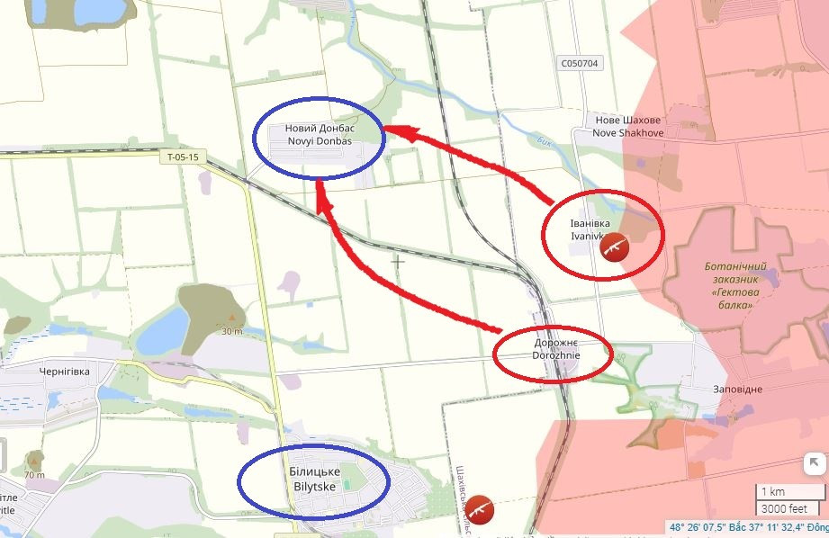 Trên hướng tây nam, quân Nga giành quyền kiểm soát hoàn toàn Ivanivka. Từ đó, họ tiếp tục xâm nhập về phía tây theo hướng Novyi Donbas. Trước đó, cuộc đột kích vào Novyi Donbas được thực hiện dọc theo tuyến đường sắt từ Dorozhnje. Bên cạnh đó, giao tranh tiếp tục diễn ra ở phía tây và trung tâm Nove Shakhove, với việc cả hai bên cùng hoạt động tích cực.