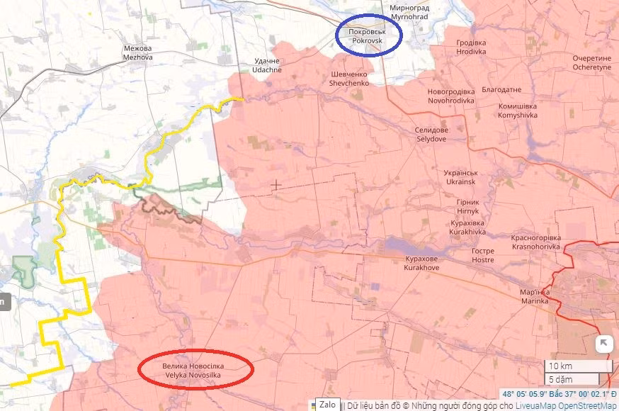  Tuy nhiên, một cuộc tấn công nhanh chóng vào sâu trong tỉnh Dnipropetrovsk lúc này khó có thể khả thi. Để làm được điều này, RFAF cần phải kiểm soát hoàn toàn các khu làng còn lại của tỉnh Donetsk, từ khu vực phía tây nam Pokrovsk đến Velyka Novosyolka.