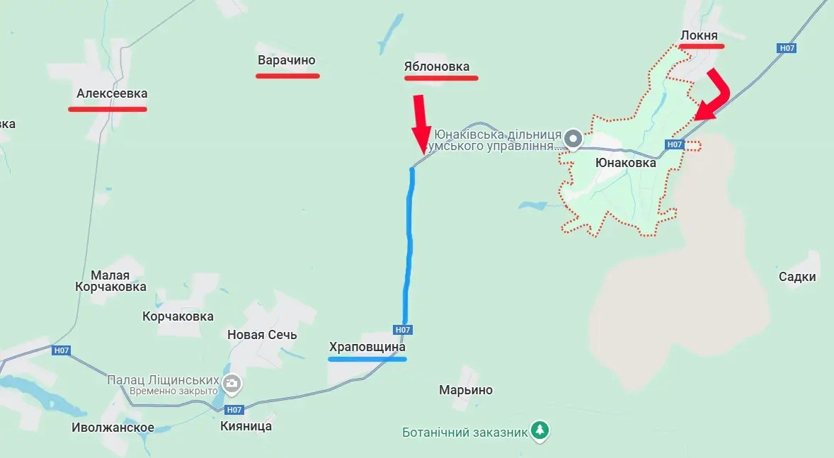 Kênh Military Summary cho biết, tính đến sáng ngày 7/6, Cụm quân phía Bắc RFAF tiếp tục tiến từ Yablonivka về phía nam - theo hướng khu định cư Khrapovshchina. Và điều này có nghĩa là đoạn đường "thẳng đứng" (trên bản đồ) của đường N-07 ở phía bắc Khrapovshchina (được đánh dấu màu xanh) có thể sớm nằm hoàn toàn dưới sự kiểm soát của quân Nga.