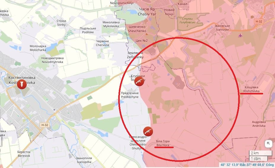 Theo bản tin của Viện nghiên cứu chiến tranh Mỹ (ISW), cuộc tiến công của các đơn vị thuộc Cụm quân phương Nam RFAF về phía tây, dọc theo đường cao tốc N-32 được đánh giá là đáng kể. Ngoài ra, sau khi quân Ukraine rút khỏi khu vực phía tây kênh đào Seversky Donets-Donbass (thuộc khu vực Kleshcheyevka), quân Nga đã kiểm soát một khu vực rừng khá rộng ở phía bắc Bila Gora.