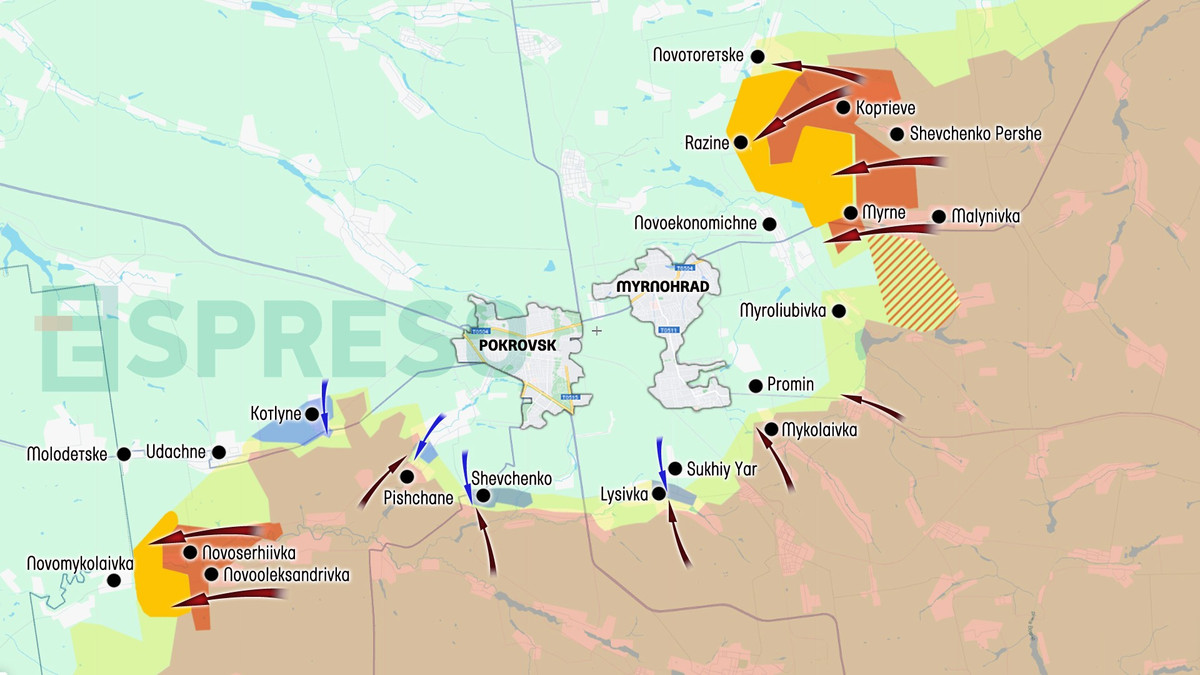 Do đó, rất có thể Tập đoàn quân số 2 RFAF sẽ từ đầu cầu Udachne, tiến về phía tây với mục tiêu chiếm Novopodgorodny và Molodetsky. Với mục đích là tránh mỏ Krasnoarmeyskaya-Zapadnaya, giúp họ chuyển hướng tấn công về phía bắc tới Sergeyevka. Với địa hình có nhiều điểm cao và những đường bình độ bằng phẳng, sẽ hỗ trợ nhiều cho lính xung kích Nga. (nguồn ảnh Rybar, Military Review, Liveuamap, Ukrinform).