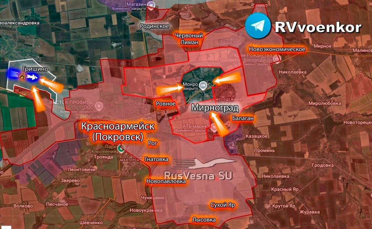 Hôm qua, Tổng Tham mưu trưởng Lực lượng Vũ trang Nga, tướng Valery Gerasimov, trong một cuộc họp báo với các tùy viên quân sự nước ngoài, đã thông báo rằng, hiện Quân đội Nga (RFAF) đã kiểm soát hơn một nửa khu đô thị Myrnohrad. Trong khi khu đô thị Pokrovsk đã do RFAF kiểm soát hoàn toàn.