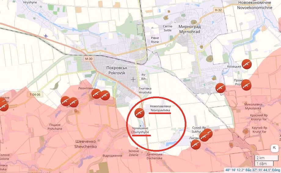 Ở phía đông nam Chunishino, quân Nga đã đẩy lùi đối phương ra khỏi một cứ điểm trên cao tốc E-50 (M-30) và tiến qua các đồn điền ở phía đông Chunishino theo hướng Novopavlovka. Kênh Military Summary đưa tin, áp lực quanh Pokrovsk - Mirnograd vẫn được RFAF duy trì.