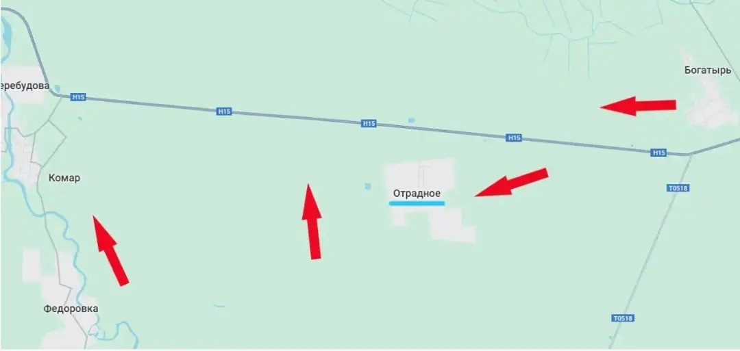 Ngoài ra, các đơn vị của Cụm Vostok đã kiểm soát ngôi làng Otradnoye có giá trị chiến thuật quan trọng, là đầu cầu để quân Nga tiến công khu vực kiên cố của quân Ukraine ở làng Komar. Như vậy, quân Nga đã hình thành vòng vây ban đầu với cứ điểm Komar theo ba hướng: đông bắc (từ Bogatyr), đông (từ Otradny) và nam (dọc theo sông Mokrye Yaly).