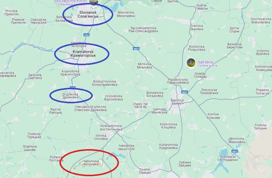 Điều quan trọng nữa là ở phía bắc Yablonivka, có con đường ngắn nhất tới thành phố Druzhkovka và khu đô thị Slavyansko-Kramatorsk. Ví dụ, Yablonivka cách Druzhkovka 29 km nếu đi theo đường bộ và khoảng 18 km theo đường thẳng. Nghĩa là pháo chiến dịch của RFAF, từ làng Yablonivka, có thể tấn công các thành phố trên. (nguồn ảnh Military Review, Rybar, Liveuamap, RT).