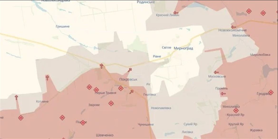 Tuy nhiên, trên bản đồ chiến sự của kênh Deep State, có liên hệ mật thiết với Tổng cục tình báo quân đội Ukraine (GRU), toàn bộ khu vực chiến sự Pokrovsk xuất hiện như một vùng xám, không được kiểm soát bởi cả hai bên, và Myrnohrad được coi là bị bao vây một phần.