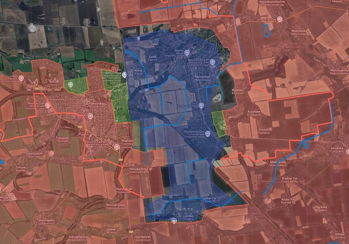 Theo Viện Nghiên cứu chiến tranh Mỹ (ISW), cho biết RFAF đã đạt được những thành công đáng kể tại Pokrovsk. Hơn 10.000 quân thuộc 10 lữ đoàn khác nhau và một số đơn vị đặc nhiệm, cùng với một số lính đánh thuê, tình nguyện viên và phóng viên chiến trường của Ukraine, đang bị mắc kẹt trong một "vạc dầu" tại khu đô thị Pokrovsk-Myrnohrad.