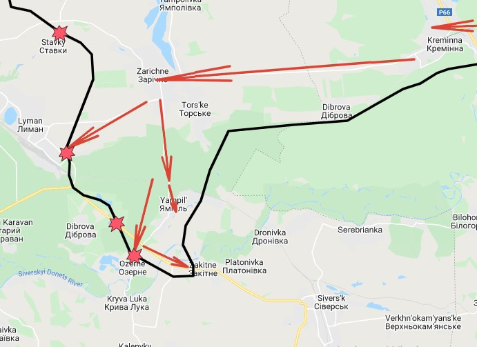 Các đơn vị xung kích của RFAF, trước đó đã tiến vào thành phố từ phía bắc, đang tiếp cận tuyến đường tiếp tế duy nhất là trục đường T0513, nối Siversk với Lyman. Hiện các trận đánh ở làng Yampil, nằm ở phía tây bắc Siversk diễn ra quyết liệt, nếu RFAF kiểm soát được ngôi làng này, họ sẽ khống chế được trục đường quan trọng này.