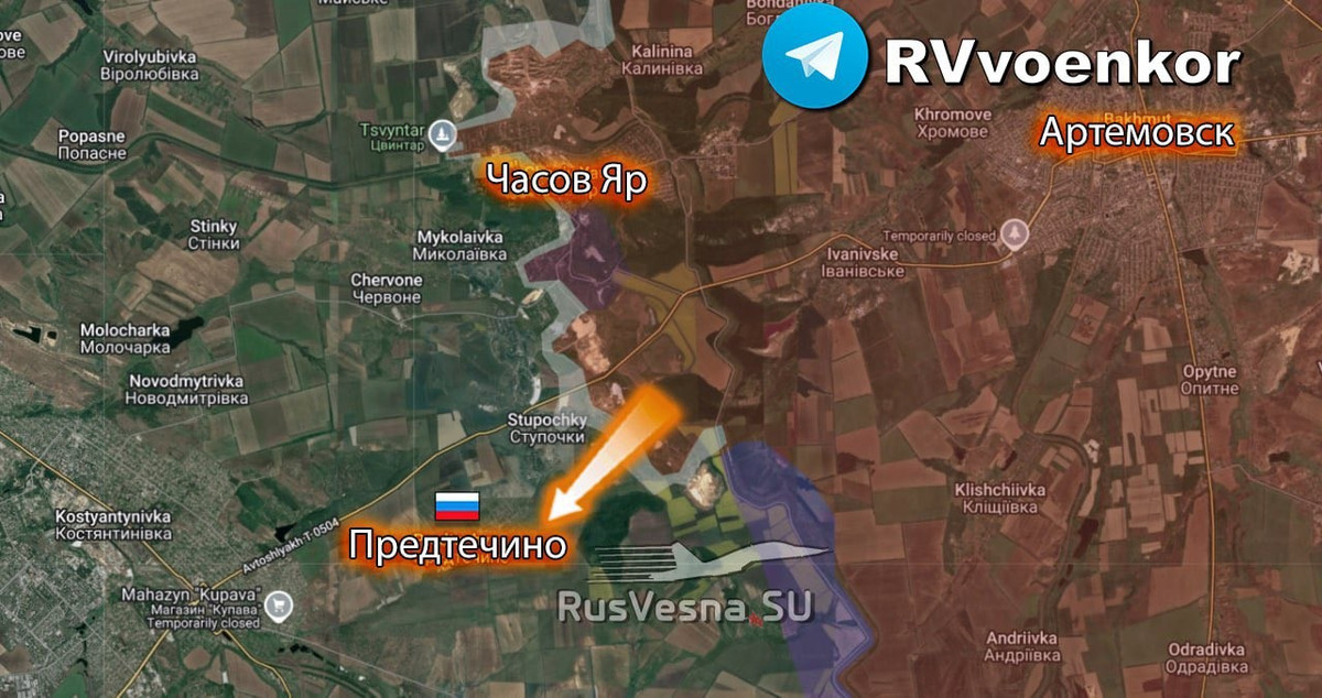 Ngoài ra, làng Predtechyne nằm ngay phía nam Chasov Yar, chỉ cách Chasov Yar một ngôi làng Stupochky, nhưng ngôi làng này đã bị Cụm quân phía Nam RFAF chiếm giữ từ ngày 16/6. Do đó, việc quân Nga chiếm được Predtechyne, cũng có nghĩa là quân Ukraine phòng thủ Chasov Yar đã bị bao vây từ phía nam.