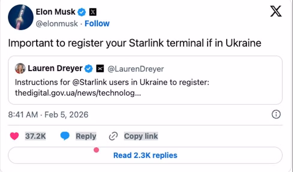 Ngay trước 3 giờ sáng (giờ Kiev) ngày 5/2, tỷ phú Mỹ Elon Musk, ông chủ của công ty SpaceX, đã đăng lại một hướng dẫn mới do Bộ Chuyển đổi Kỹ thuật số Ukraine ban hành, liên quan đến việc đăng ký thiết bị đầu cuối Starlink tại Ukraine.