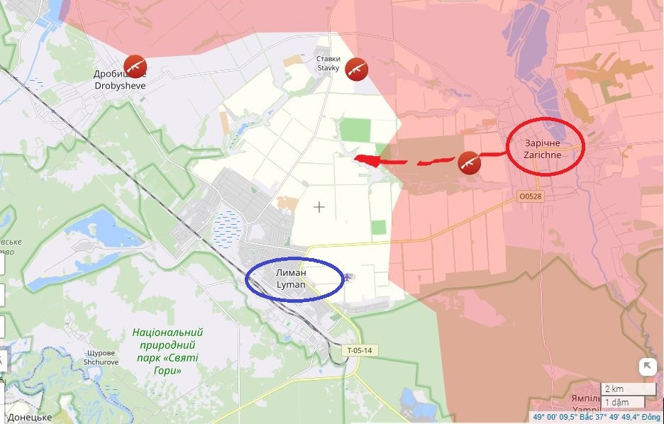 Sư đoàn bộ binh cơ giới số 2 Voronezh, thuộc Tập đoàn quân xe tăng số 1, Cụm quân phía Tây RFAF đang hoạt động ở sườn phải, phía bắc Lyman; đã tiến khoảng 5 km về phía tây Zaichne (Kirovsk), cắt đứt đường tiếp tế của AFU tại đây.