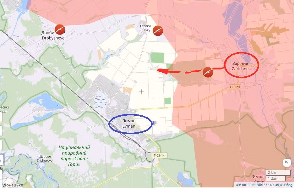 Sư đoàn bộ binh cơ giới số 2 Voronezh, thuộc Tập đoàn quân xe tăng số 1, Cụm quân phía Tây RFAF đang hoạt động ở sườn phải, phía bắc Lyman; đã tiến khoảng 5 km về phía tây Zaichne (Kirovsk), cắt đứt đường tiếp tế của AFU tại đây.