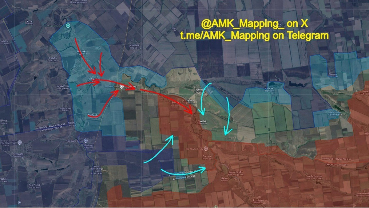 Vị trí xuất phát tiến công của AFU từ Pokrovskoe và Velykymykhaylivka, nhằm mục đích chọc thủng phòng tuyến của quân Nga và thọc sâu vào phía sau hướng tiến công chủ yếu của Quân đội Nga (RFAF). Một thông tin đáng chú ý là AFU đang tiến công vào Ternovatoye, nơi mà Bộ Quốc phòng Nga mới đây đã tuyên bố giành quyền kiểm soát, cũng như khu vực Huliaipole (Gulyai-Pole).