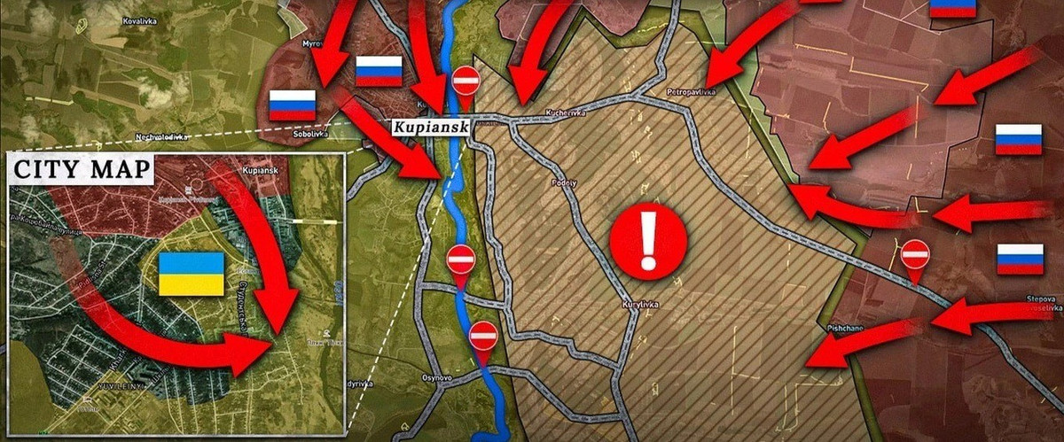 Một điểm giao tranh khác xuất hiện ở phía bắc Kupyansk. Theo bản đồ cập nhật của Bộ Quốc phòng Anh, Cụm quân phía Bắc RFAF đã kiểm soát toàn bộ khu vực biên giới Kharkov, từ Ambarnoye đến Stroyevka, nơi cụm quân này hợp nhất với Cụm quân phía Tây RFAF. (nguồn ảnh Military Review, Ukrinform, Kyiv Post).