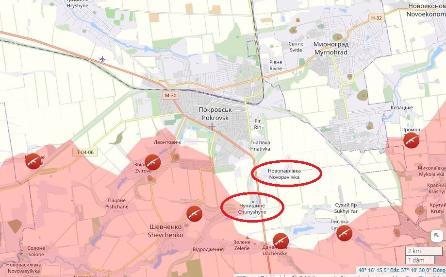 Theo các thông tin của truyền thông châu Âu ngày 23/9, lực lượng Nga ở khu vực phía nam thành phố Pokrovsk, đã chọc thủng thành công hệ thống phòng thủ của Ukraine tại làng Chunyshyne và tiến vào làng Novopavlivka từ phía nam.