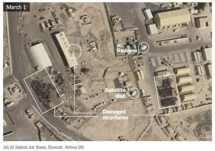 Tình hình tại căn cứ không quân Ali Al Salem cũng rất nghiêm trọng. Nằm ở Kuwait, đây là căn cứ chính cho máy bay Mỹ thả tên lửa và bom xuống lãnh thổ Iran kể từ khi vòng xung đột này bắt đầu. Trong cuộc tấn công ngày 13/3, Iran đã sử dụng kết hợp tên lửa hành trình và tên lửa đạn đạo để phá hủy radar cảnh báo sớm và các cơ sở liên quan, kho nhiên liệu máy bay và hai đường băng sân bay.