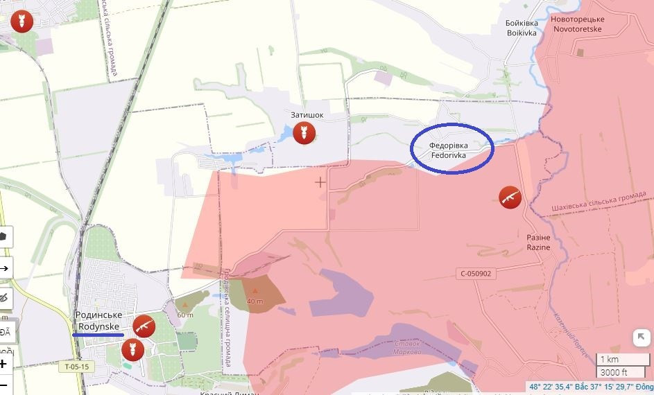 Sau khi chiếm được Novotoretske, quân Nga đang tấn công mãnh liệt vào Fedorovka. Đánh giá chung, quân Nga đang cơ động theo hướng tây nam về thị trấn chiến lược Rodinske. Đây là vị trí chiến lược, nếu quân Nga kiểm soát được vị trí này, sẽ khống chế gần hết đường tiếp tế hậu cần cho Pokrovsk-Mirnograd.