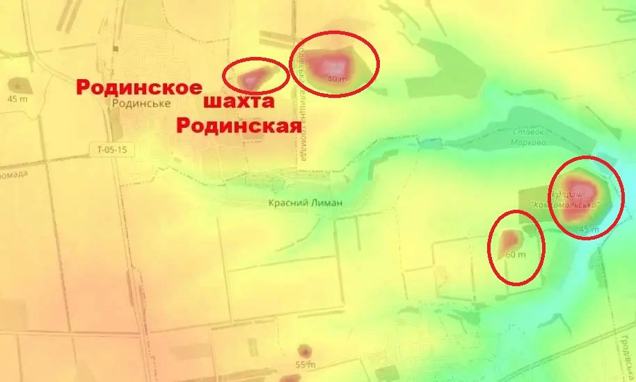 Tại mỏ Krasnolimanskaya và thị trấn Rodinske, quân đội Ukraine (AFU), dựa trên các bãi đất đá thải của quá trình khai mỏ (khoanh ô màu đỏ trên bản đồ), đã xây dựng các trận địa phòng ngự kiên cố vững chắc; do vậy RFAF khó có thể phá hủy bằng vũ khí thông thường.