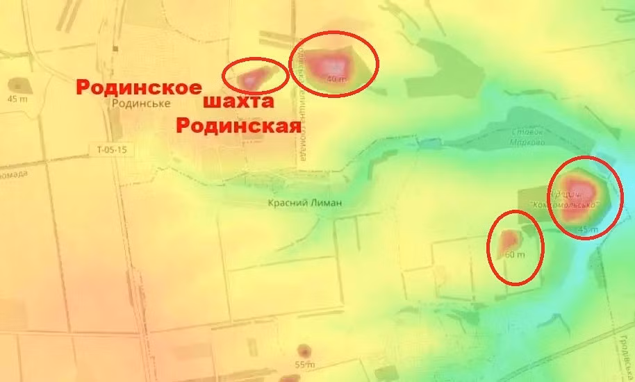 Tại mỏ Krasnolimanskaya và thị trấn Rodinske, quân đội Ukraine (AFU), dựa trên các bãi đất đá thải của quá trình khai mỏ (khoanh ô màu đỏ trên bản đồ), đã xây dựng các trận địa phòng ngự kiên cố vững chắc; do vậy RFAF khó có thể phá hủy bằng vũ khí thông thường.