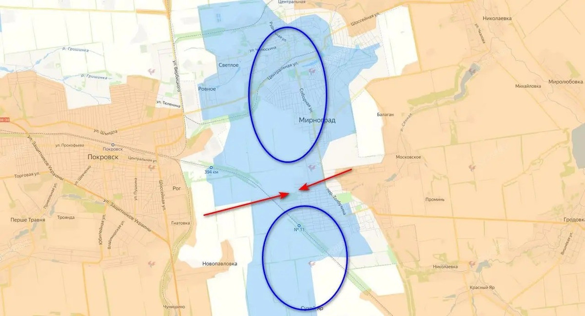 Quân đội Nga (RFAF) ở thành phố Pokrovsk, đã đã bao vây chia cắt cụm quân phòng thủ Ukraine ở khu đô thị Myrnohrad thành hai phần theo trục ngang; hoàn toàn cắt đứt khu vực phía nam của thành phố. Thông tin này được cung cấp bởi các phương tiện truyền thông Ukraine.