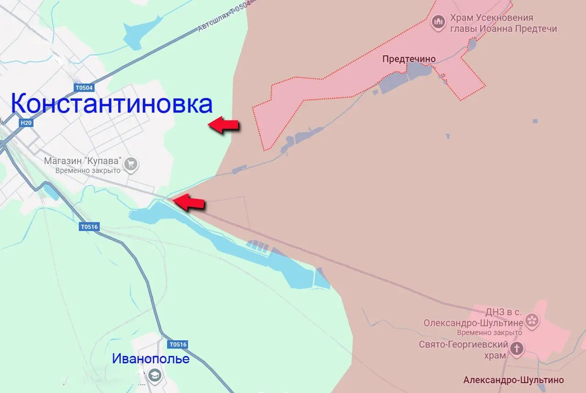 Điều này cho thấy các tuyến phòng thủ của Quân đội Ukraine (AFU) ở bên ngoài Konstantinovka ở sườn phía đông đã thất thủ, và giao tranh đang diễn ra trực tiếp tại chính thành phố. Các cuộc tiến công của quân Nga đang đến từ phía đông nam – đầu cầu Aleksandro-Shultino đã được RFAF kiểm soát trước đó, và từ phía đông – đầu cầu Predtechino.