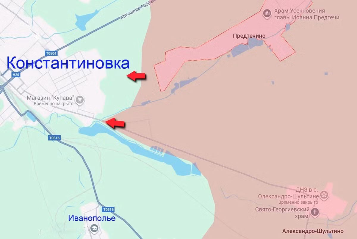 Điều này cho thấy các tuyến phòng thủ của Quân đội Ukraine (AFU) ở bên ngoài Konstantinovka ở sườn phía đông đã thất thủ, và giao tranh đang diễn ra trực tiếp tại chính thành phố. Các cuộc tiến công của quân Nga đang đến từ phía đông nam – đầu cầu Aleksandro-Shultino đã được RFAF kiểm soát trước đó, và từ phía đông – đầu cầu Predtechino.
