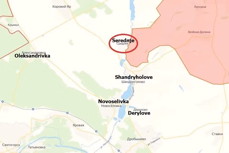 Còn ngôi làng Serednje nằm bên bờ sông Nitrius, cách ngôi làng Terny mà RFAF đã kiểm soát trước đó 17 km về phía tây, cách Krasny Liman 15 km về phía tây bắc và cách Slavyansk 27 km về phía bắc. Với vị trí địa lý của Serednje như vậy, có thể Bộ Tổng tham mưu RFAF, đang chuẩn bị một đầu cầu chuẩn bị tấn công vào Krasny Liman.
