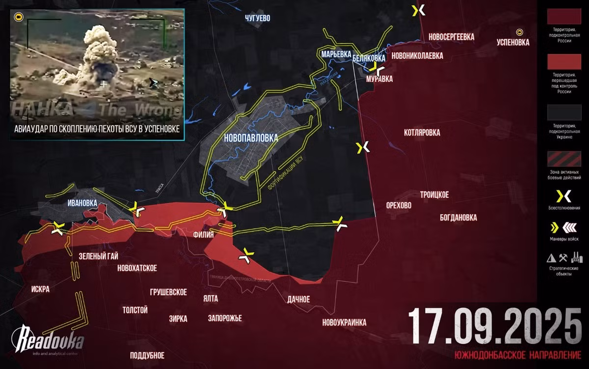 Theo kênh Readovka, RFAF đã bắt đầu chiến dịch phong tỏa khu vực kiên cố của AFU tại Novopavlovka. Hiện quân Ukraine đang triển khai các biện pháp sơ bộ để bao vây thị trấn này. Cụm Vostok RFAF ở Nam Donetsk, đã phát động một cuộc tấn công từ làng Filiya về phía Ivanovka.