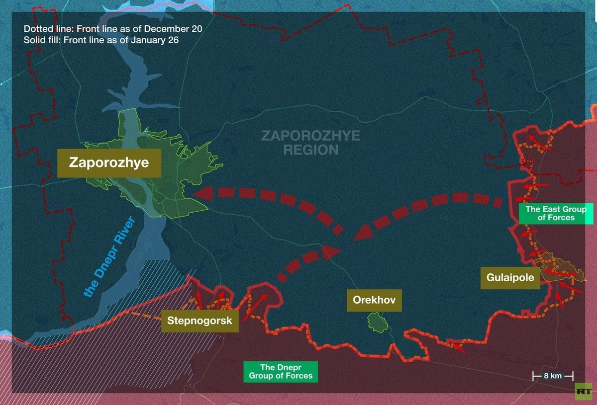 Trước đó vào ngày 29/12, chỉ huy Cụm quân Dnepro, tướng Mikhail Teplinsky, đã báo cáo với Tổng thống Nga Vladimir Putin rằng, các đơn vị tiên phong của đơn vị ông, đang đóng quân cách ngoại ô phía nam thành phố Zaporozhye khoảng 15 km.