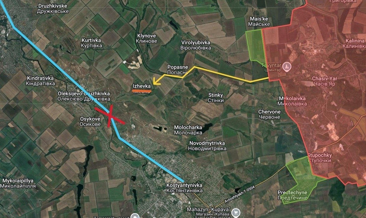 Kênh Geroman đưa tin về tình hình trên cánh đông bắc Konstantinovka như sau: có vẻ như mục tiêu tác chiến tiếp theo của quân đội Nga sau khi đánh sập pháo đài Chasov Yar, đó là phá hủy các tuyến phòng thủ phía tây bắc thành phố và sau đó chiếm khu vực được đánh dấu màu vàng gần tuyến tiếp tế chính, để tạo ra một kịch bản giống như Pokrovsk.