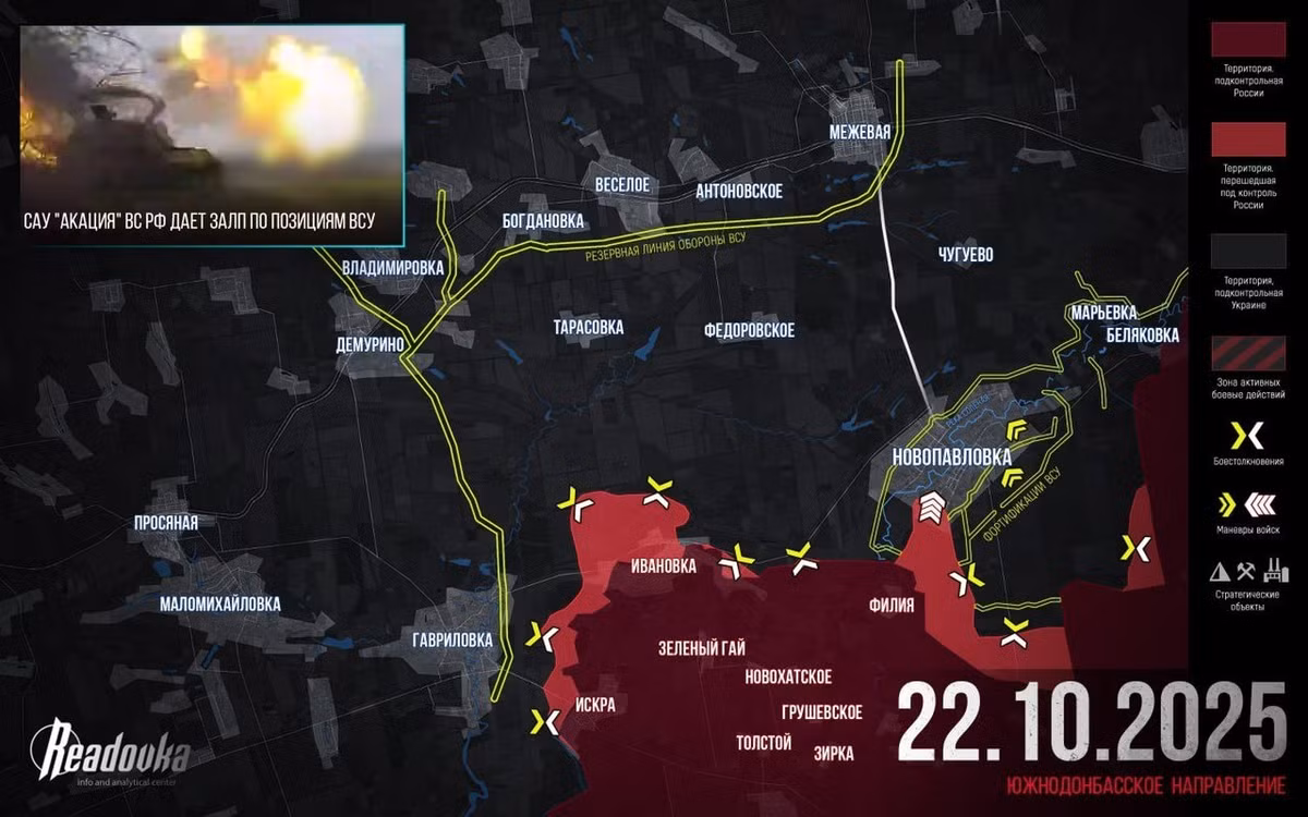 Theo kênh Readovka, Cụm Vostok RFAF đang tăng tốc tấn công Novopavlovka thuộc tỉnh Dnipropetrovsk, trong khi quân Ukraine đang rút lui về phía sau sông Solena. Cụ thể, các đơn vị thuộc Tập đoàn quân Cận vệ 41 Cụm Vostok đã chọc thủng được tuyến phòng thủ vòng ngoài của Novopavlovka và tiến vào khu định cư lớn này từ phía nam.