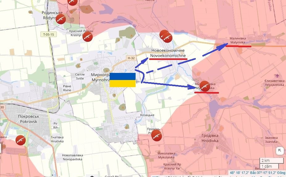 Theo kênh Military Chronicle, AFU cũng đã tích cực triển khai phản công ở giữa khu vực Novoekonomichne và Myrolyubivka, xâm nhập vào một số vị trí. Một số đơn vị AFU thậm chí còn vượt sông Toretsky và tiến đến Mykolaivka. Tuy nhiên, dưới áp lực của quân Nga, họ đã rút lui về phía nam Novoekonomichne.